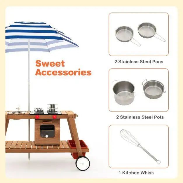 Wooden Play Trolley with Umbrella, Oven and Sink - Little and Giant Explorers Costway