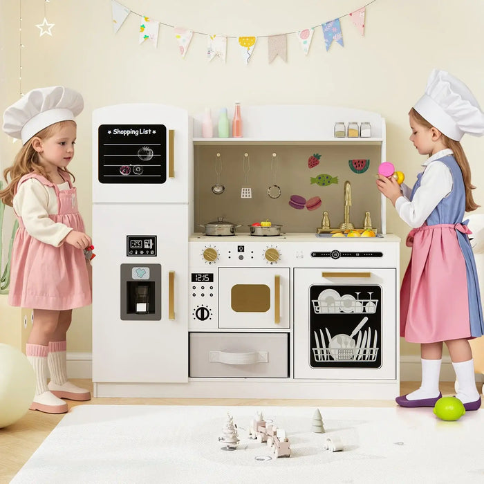 Two children playing with a toy kitchen set in a room with decorative elements.