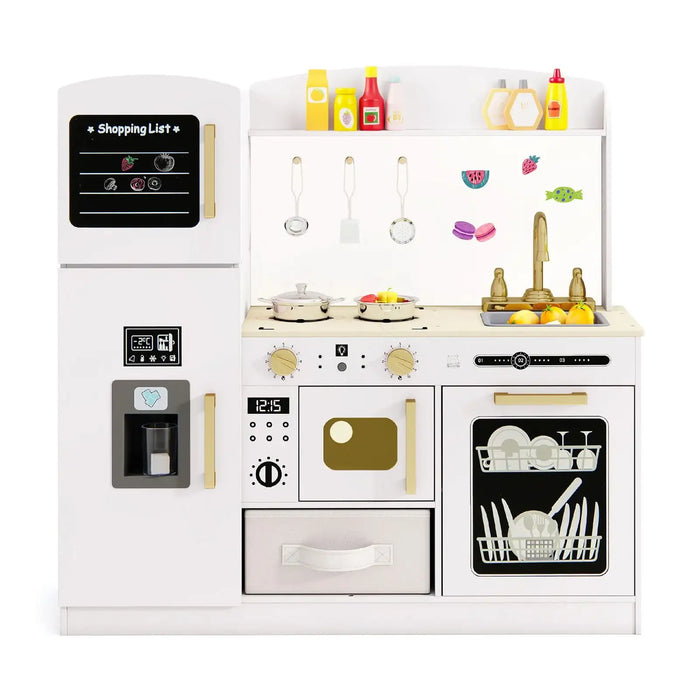 Toy kitchen set with various appliances and utensils on a white background