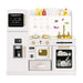 Toy kitchen set with various appliances and utensils on a white background
