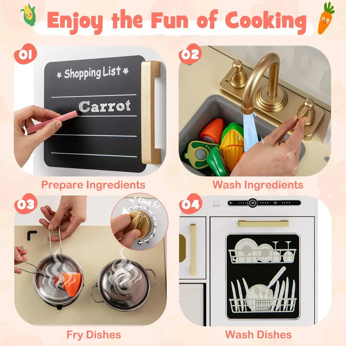 Collage of cooking activities with text and icons on a light pink background