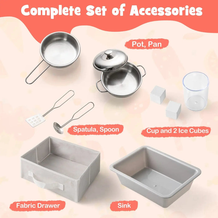 Set of kitchen accessories including pot, pan, spatula, spoon, cup with ice cubes, fabric drawer, and sink on a light pink background.