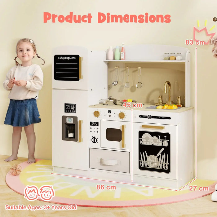 Children's play kitchen set with measurements and a child standing next to it.