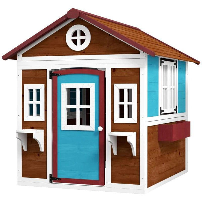 Wooden Playhouse with Door, Windows, 2 Plant Boxes and 2 Planter Pots - Little and Giant Explorers Outsunny