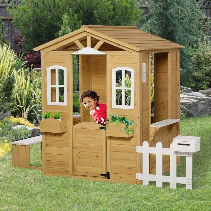 Wooden Playhouse with Door, Windows, Mailbox, Flower Pot Holder, Serving Station and Bench - Little and Giant Explorers Outsunny