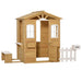 Wooden Playhouse with Door, Windows, Mailbox, Flower Pot Holder, Serving Station and Bench - Little and Giant Explorers Outsunny