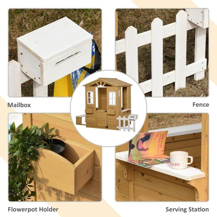 Wooden Playhouse with Door, Windows, Mailbox, Flower Pot Holder, Serving Station and Bench - Little and Giant Explorers Outsunny