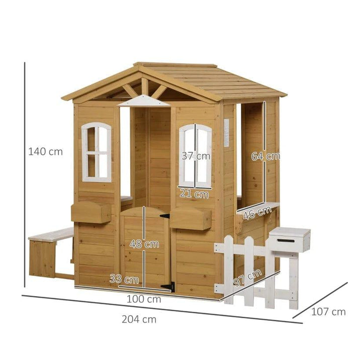 Wooden Playhouse with Door, Windows, Mailbox, Flower Pot Holder, Serving Station and Bench - Little and Giant Explorers Outsunny