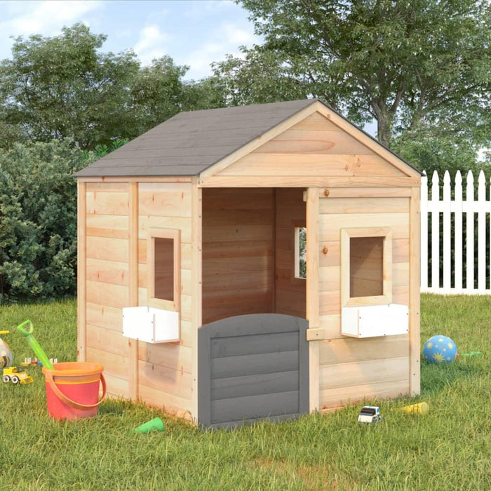 Playhouse with Lockable Door and Flower Pots in Solid Wood Fir and Dark Grey - Little and Giant Explorers vidaXL