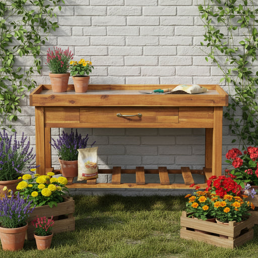 Wooden potting bench with zinc worktop, potted flowers, and gardening tools against a white brick wall