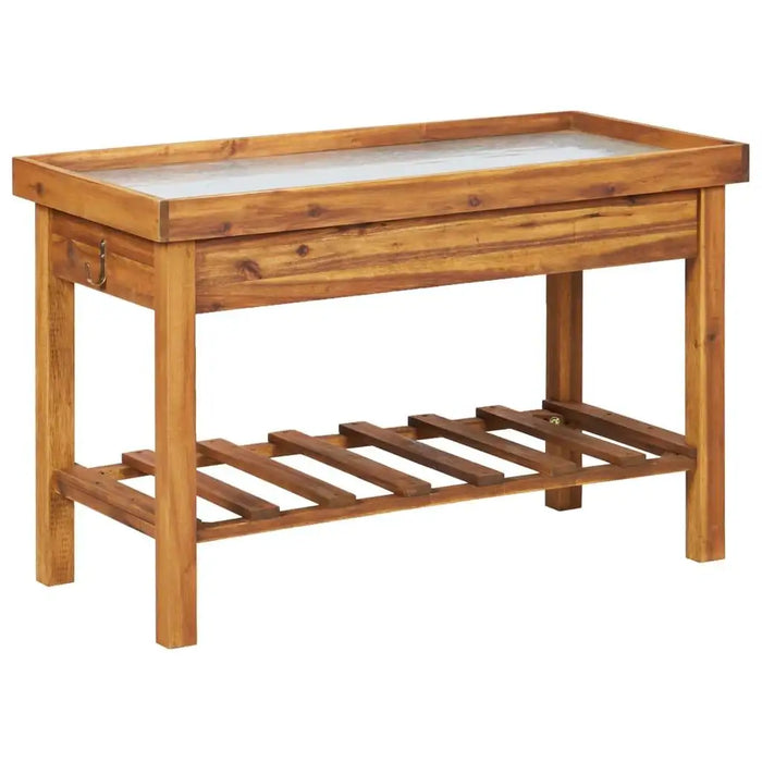 Wooden potting bench with zinc worktop and slatted shelf, made of solid acacia wood