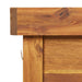 Close-up of solid acacia wood potting bench corner with natural grain detail