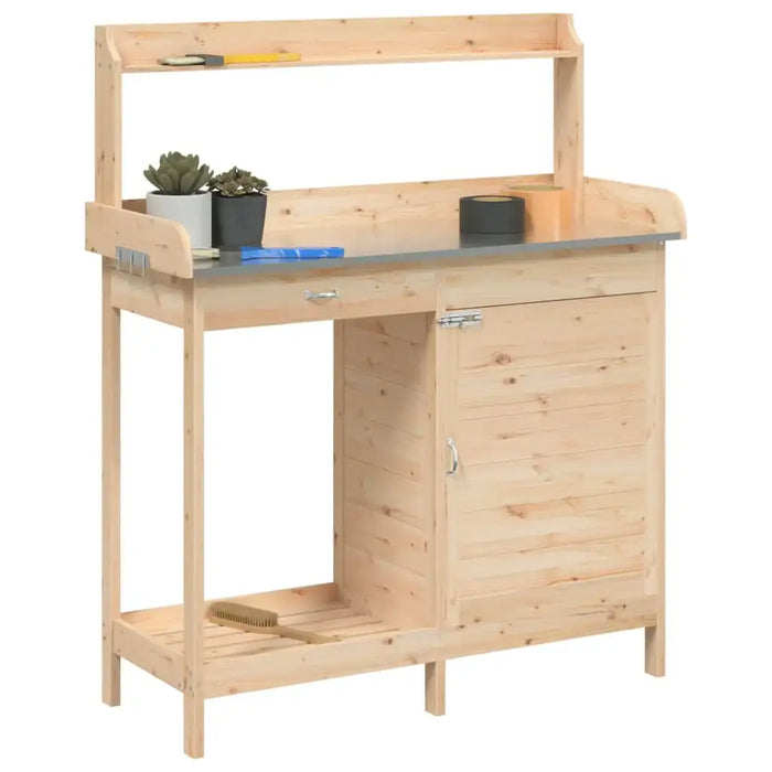 Wooden Potting Table – Solid Fir Wood | Zinc Tabletop - Drawer, Cabinet and Hooks VIDAXL - Little and Giant Explorers vidaXL