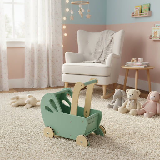 Green wooden toddler push toy pram with rubber tyres in cozy nursery with plush toys
