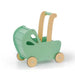 Green wooden toddler pram push toy with natural handles and rubber wheels on white background