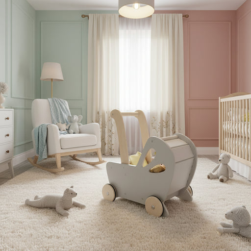 Wooden Pram – Off-White | Flat Packed Baby Walker - Rubber Tyre Wheels MOOVER - Little and Giant Explorers Moover