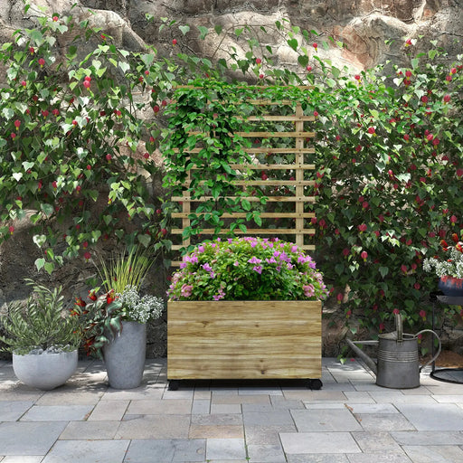 Wooden Raised Planter with Back Trellis in Natural Finish - Little and Giant Explorers Outsunny