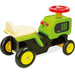 Wooden ride-on tractor toy with green and black body, red steering wheel, Vilac brand