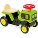 Wooden ride-on tractor toy with a red steering wheel, green and yellow Vilac design