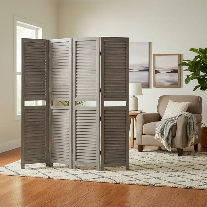 Wooden shutter room divider in a living room setting with a chair and decor.