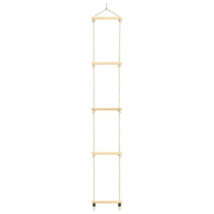 Wooden rope ladder with five solid wood rungs and PE rope, hanging vertically on white background