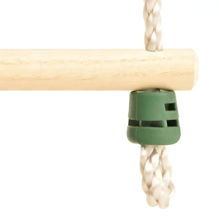 Close-up of wooden ladder rung with braided PE rope and green plastic connector.