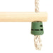 Close-up of wooden ladder rung with braided PE rope and green plastic connector.