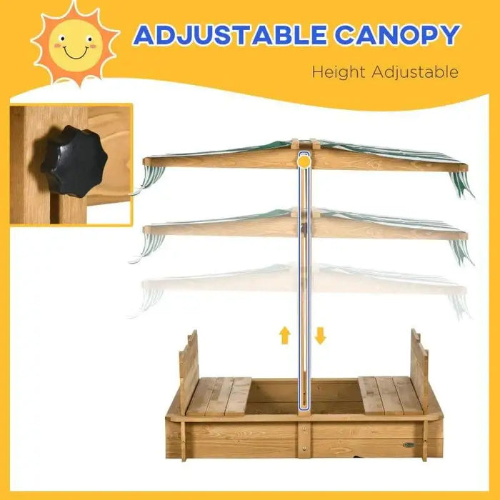 Wooden sandbox with convertible benches and adjustable canopy, height adjustable feature shown.