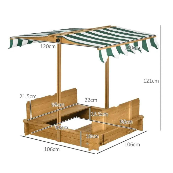 Wooden sandbox with convertible benches, adjustable green striped canopy, and labeled dimensions