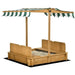 Wooden sandbox with benches and adjustable striped canopy for outdoor play