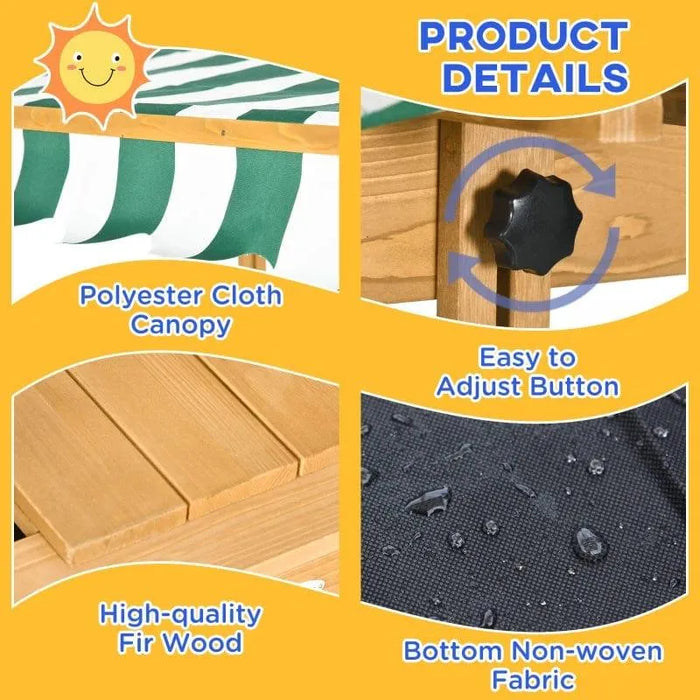 Wooden sandbox product details with polyester cloth canopy, adjustable button, fir wood, and water-resistant fabric.