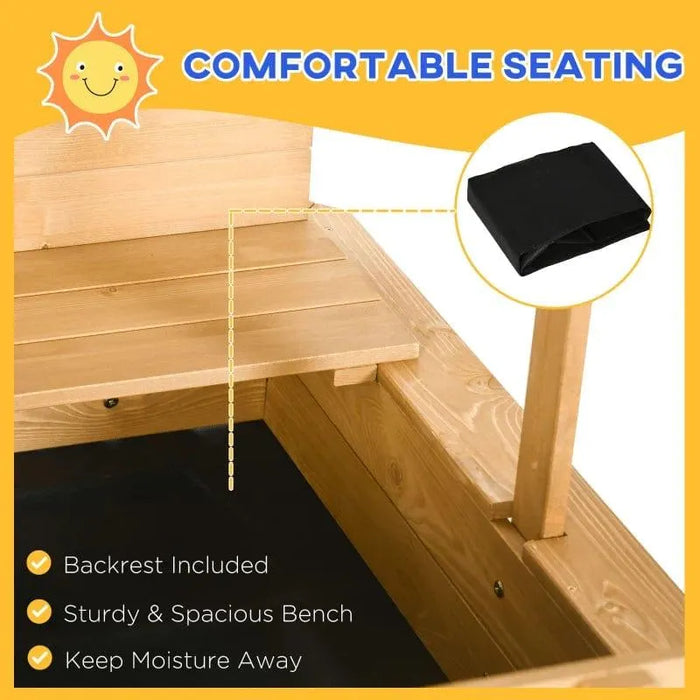Wooden sandbox with convertible bench, backrest, and black moisture barrier.