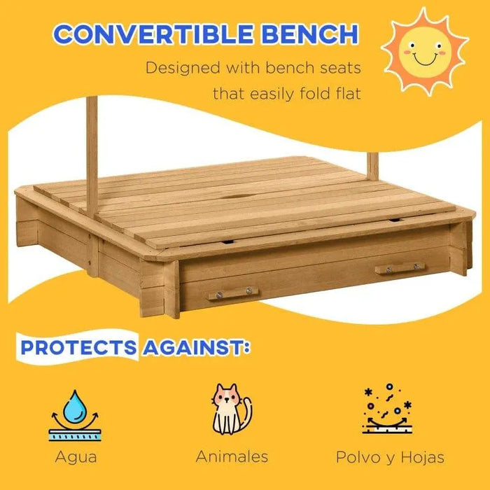 Wooden sandbox with convertible bench seats and closed lid, protects against water, animals, and debris.