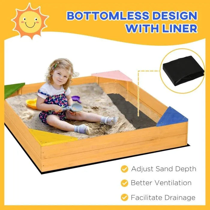 Wooden sandbox with four colorful corner seats, bottomless design, and child playing with sand toys