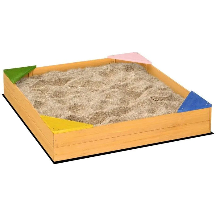 Wooden sandbox with sand and four colorful corner seats, bottomless design