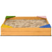 Wooden sandbox with sand and four colorful corner seats in green, yellow, blue, and pink