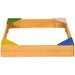 Wooden sandbox with colorful corner seats, bottomless design, outdoors play equipment