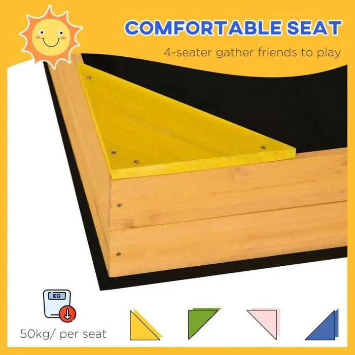 Wooden sandbox corner with yellow seat, bottomless design, max 50kg per seat