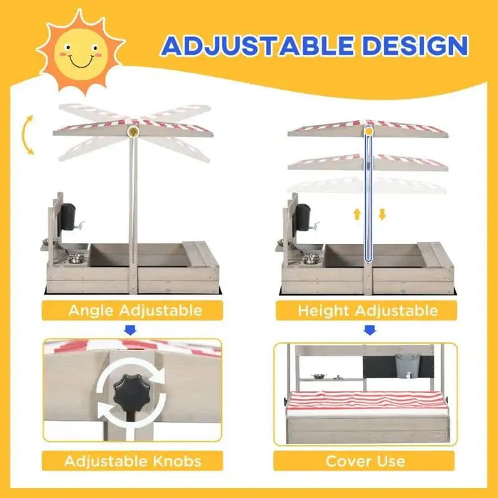 Wooden sandbox with kitchen playset, adjustable striped canopy, and functional knobs.