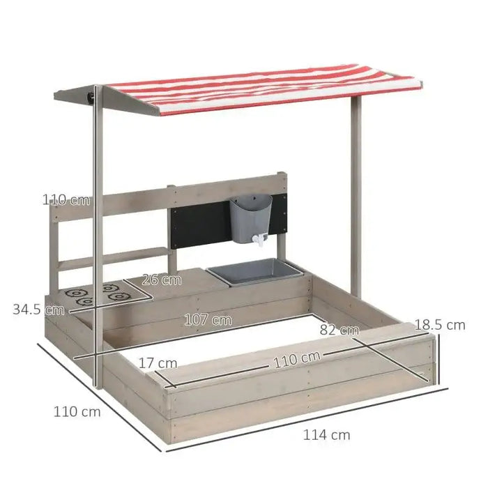 Wooden sandbox playset with kitchen, adjustable canopy, and measurement labels