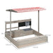 Wooden sandbox playset with kitchen, adjustable canopy, and measurement labels
