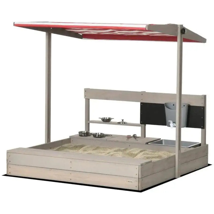 Wooden sandbox with kitchen playset, shelves, sink, bucket, and red adjustable canopy