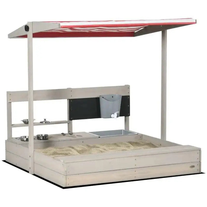 Wooden sandbox with kitchen playset and adjustable canopy for outdoor kids role play