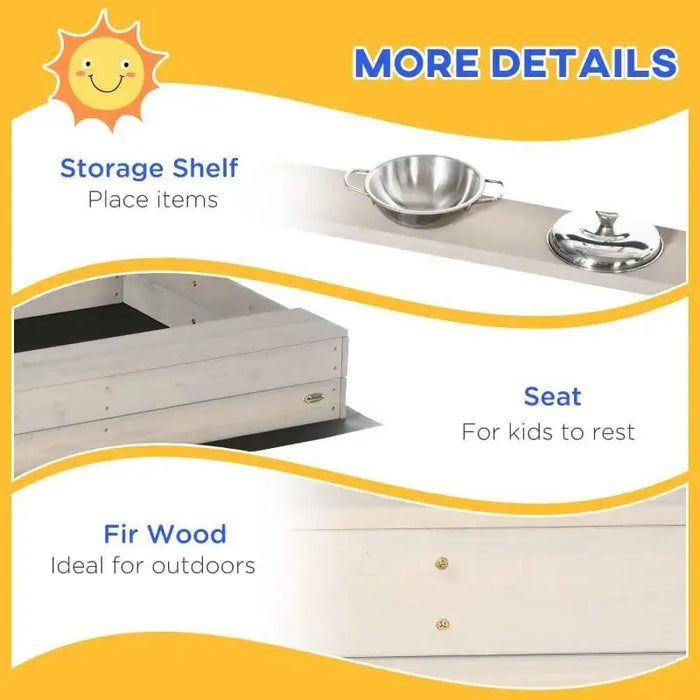 Wooden sandbox details showing storage shelf, kids seat, and outdoor fir wood construction.