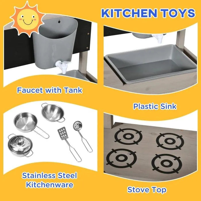 Kitchen toys set with faucet tank, plastic sink, stainless steel kitchenware, and stove top