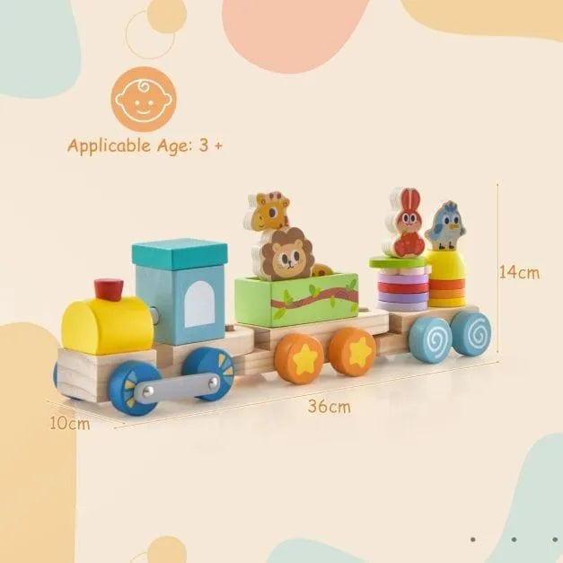Wooden stackable train set with animal figures and colorful blocks, educational toy for kids