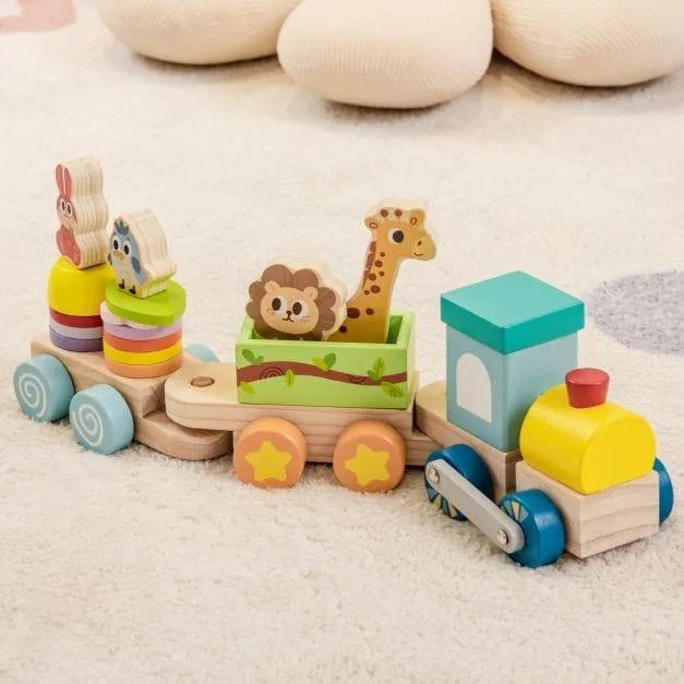 Wooden stackable train set with animal blocks on a soft carpet, educational toy for kids