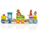 Wooden stackable train set with animal blocks and colorful shapes on white background
