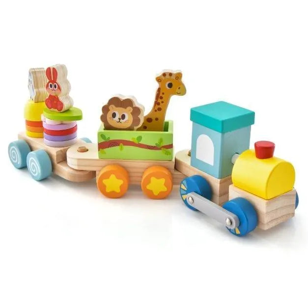 Wooden stackable toy train set with colorful animal blocks and building pieces