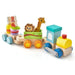 Wooden stackable toy train set with colorful animal blocks and building pieces